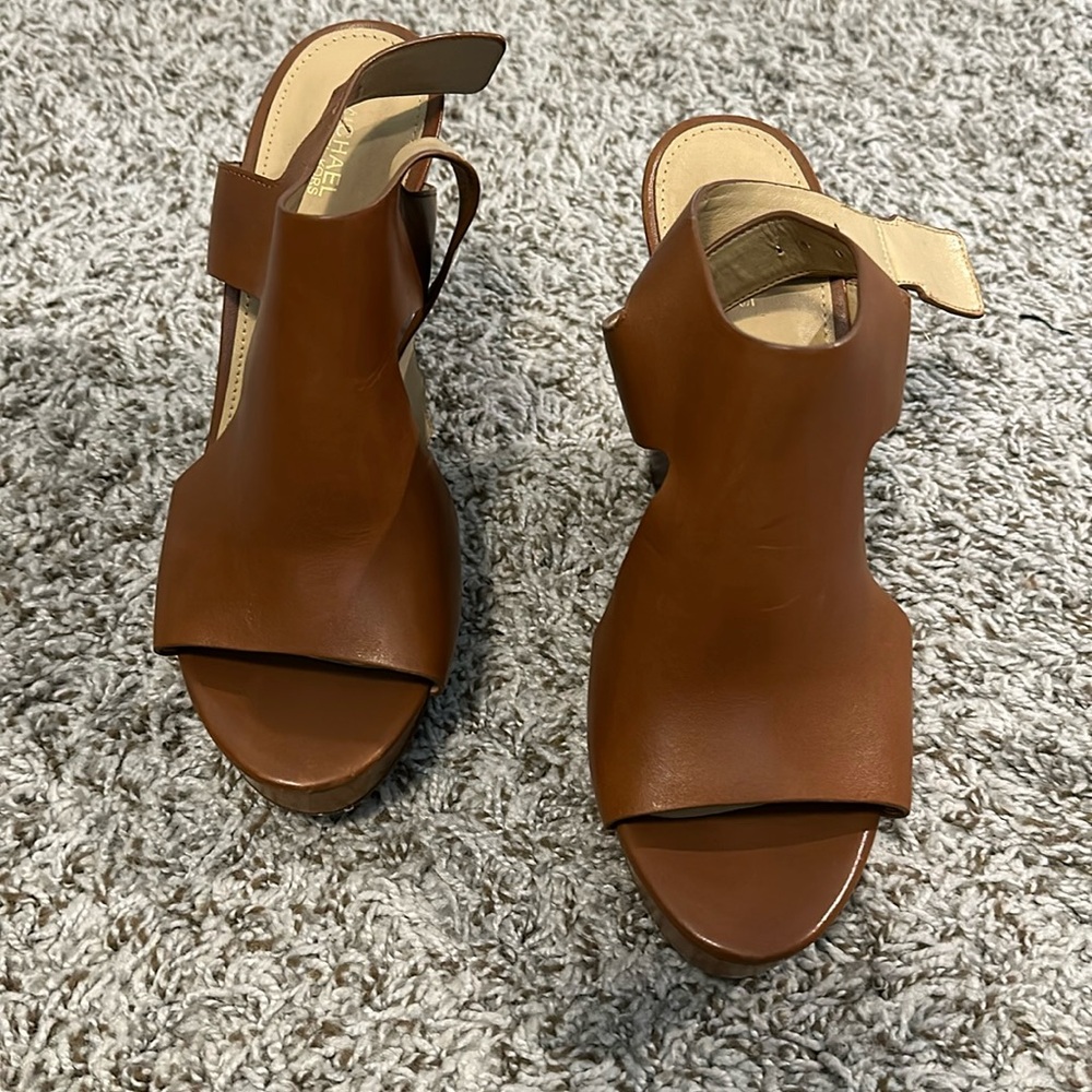 Michael Kors brown leather buckle wedges